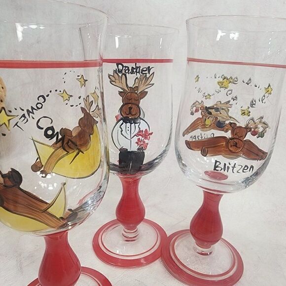 Set Of 7 Potterybarn Christmas Reindeer Goblets Glasses - Picture 7 of 8